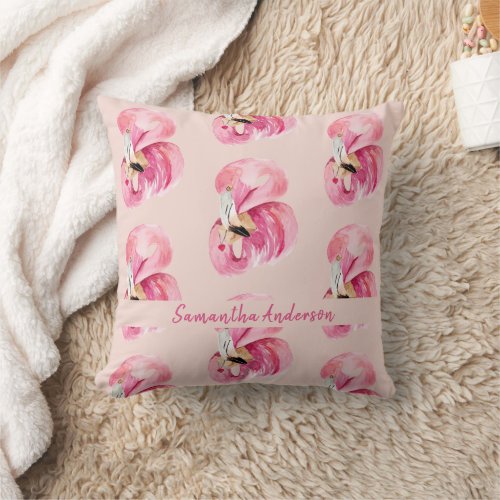 Exotic Pink Watercolor Flamingo Pattern  Name Throw Pillow