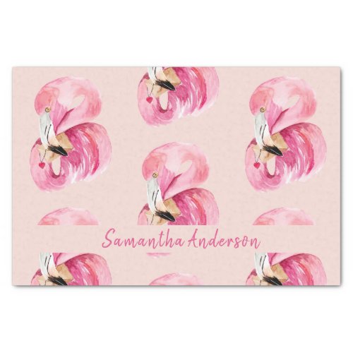 Exotic Pink Watercolor Flamingo Pattern  Name Tissue Paper