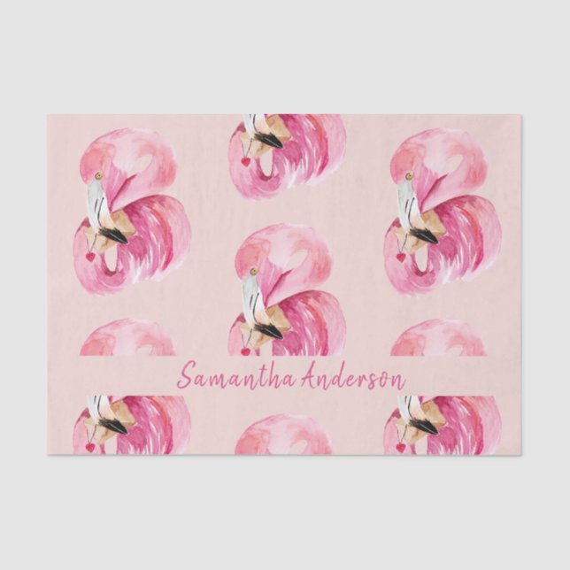 Exotic Pink Watercolor Flamingo Pattern & Name Tissue Paper (Front)