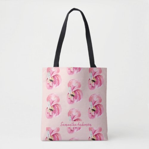 Exotic Pink Watercolor Flamingo Pattern  Name Tote Bag