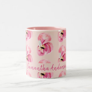 Exotic Pink Watercolor Flamingo Pattern & Name Two-Tone Coffee Mug