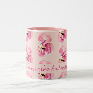 Exotic Pink Watercolor Flamingo Pattern & Name Two-Tone Coffee Mug