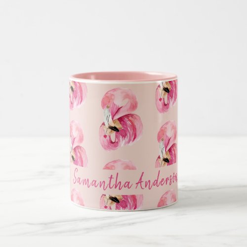 Exotic Pink Watercolor Flamingo Pattern  Name Two_Tone Coffee Mug