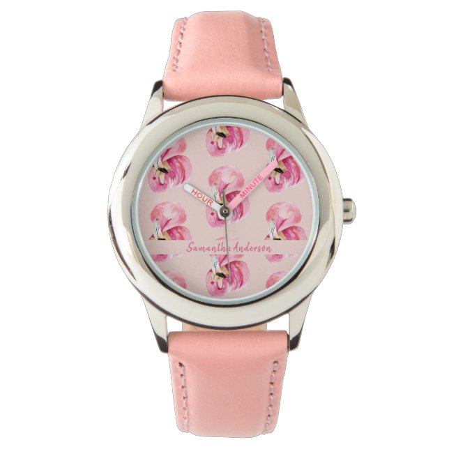 Exotic Pink Watercolor Flamingo Pattern & Name Watch (Front)
