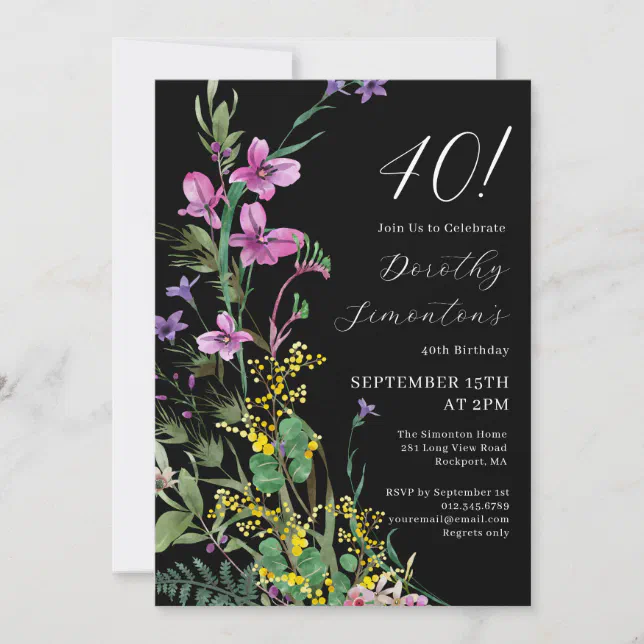 Exotic Pink Yellow Wildflowers 40th Birthday Invitation | Zazzle