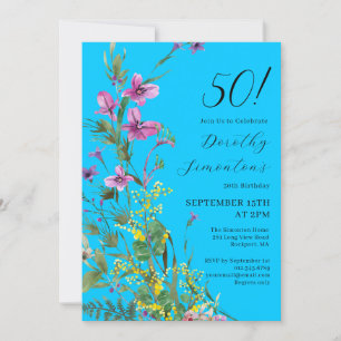 Exotic Pink Yellow Wildflowers 50th Birthday Invitation
