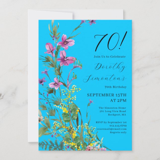 Exotic Pink Yellow Wildflowers 70th Birthday Invitation (Front)