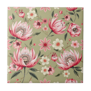 Exotic Protea Flower Botanical Sage Green Luxury  Ceramic Tile
