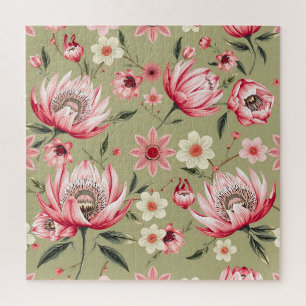 Exotic Protea Flower Botanical Sage Green Luxury Jigsaw Puzzle