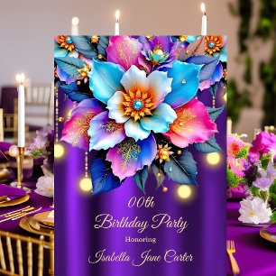 Exotic Purple Birthday Teal Pink Blue Flowers gems Invitation