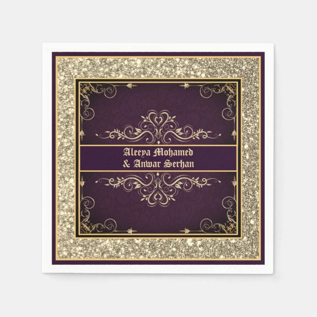 Exotic Purple Gold Ornate Glitter Personalized Napkins (Front)