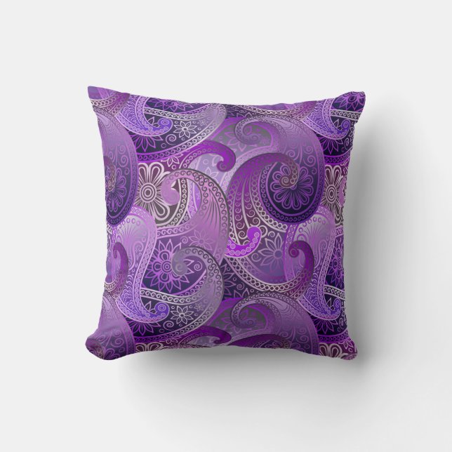 Exotic Purple Paisley Boho Damask Pattern Throw Pillow (Front)