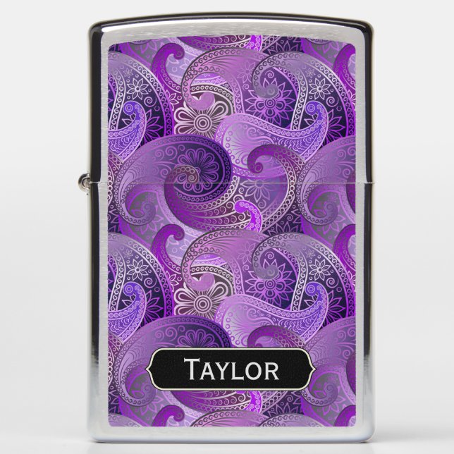 Exotic Purple Paisley Pattern with Monogram Zippo Lighter (Front)
