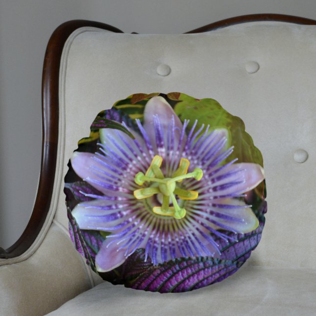 Exotic Purple Passiflora Passion Flower Botanical Round Pillow (Creator Uploaded)