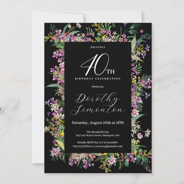 Exotic Purple Pink Yellow Wildflower 40th Birthday Invitation (Front)