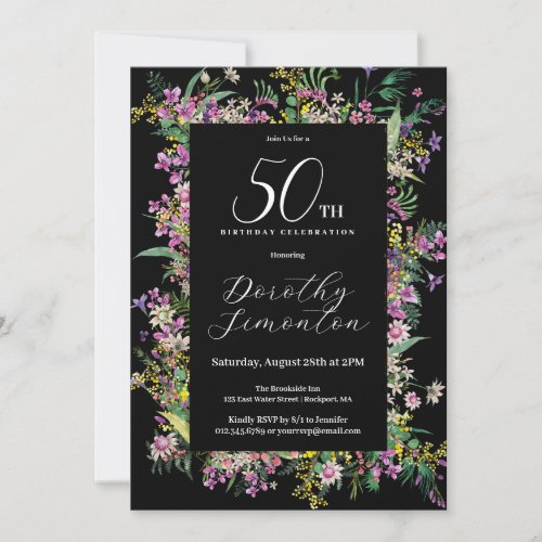 Exotic Purple Pink Yellow Wildflower 50th Birthday Invitation