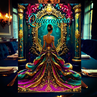 Exotic Quinceanera 15th Birthday Teal Gold Magical Invitation