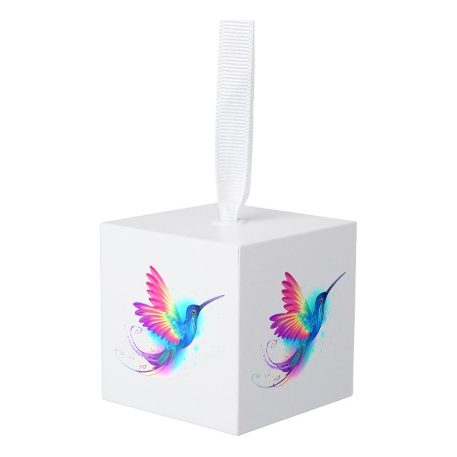 Exotic Rainbow Hummingbird Cube Ornament (Front Angled)