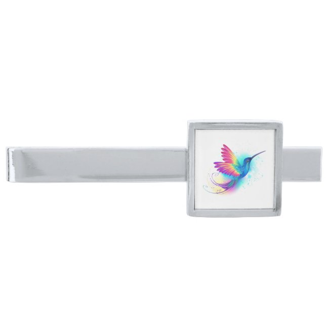 Exotic Rainbow Hummingbird Silver Finish Tie Bar (Front)