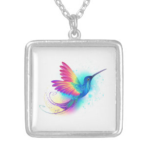 Exotic Rainbow Hummingbird Silver Plated Necklace
