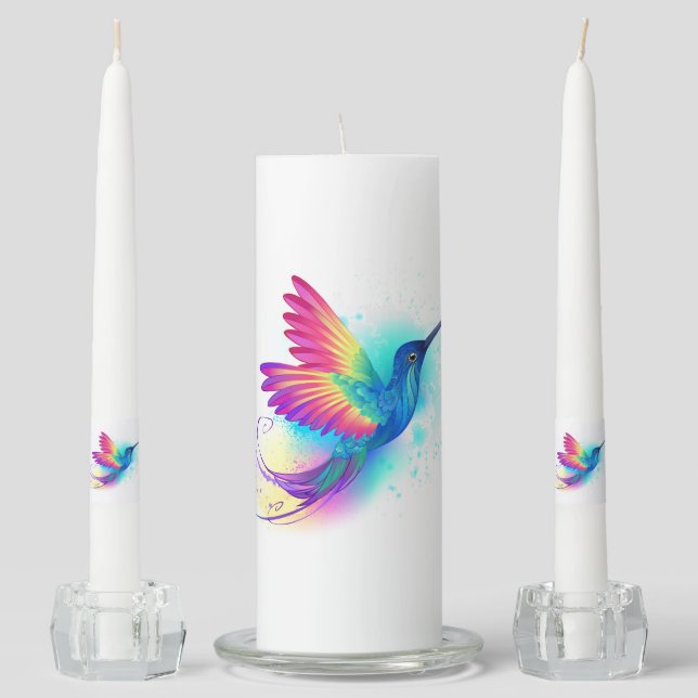 Exotic Rainbow Hummingbird Unity Candle Set (Front)