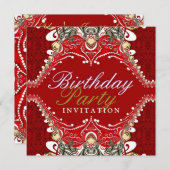 Exotic Red Batik Damask Birthday Party Invitations (Front/Back)