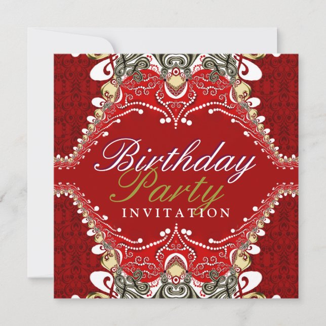 Exotic Red Batik Damask Birthday Party Invitations (Front)
