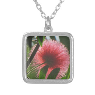 exotic red flower, macro photo -  silver plated necklace