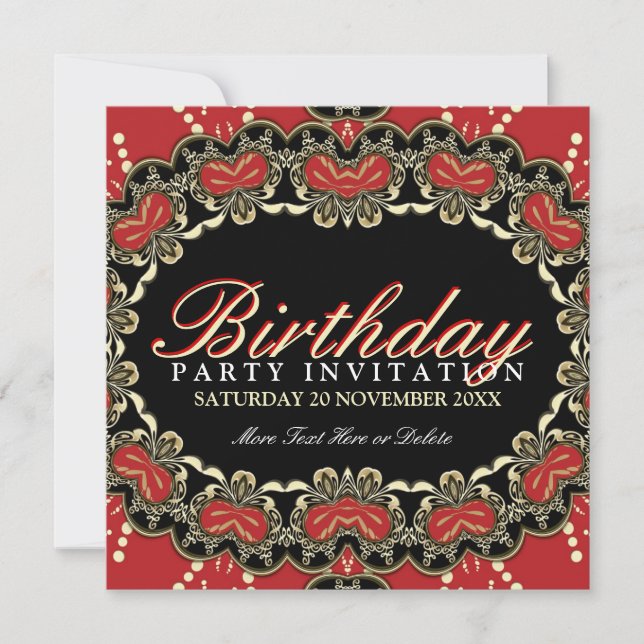 Exotic Red Gold Black Lace Birthday Party Invites (Front)