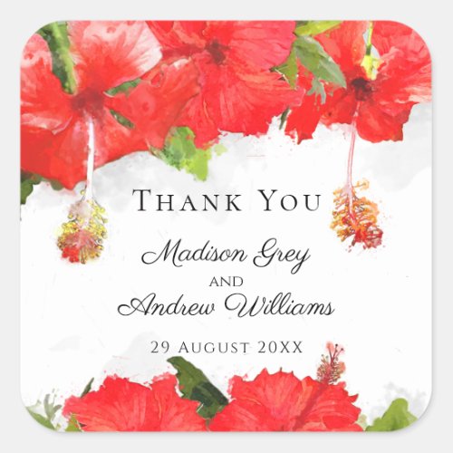 Exotic Red Hibiscus Flower Art Thank You Square Sticker