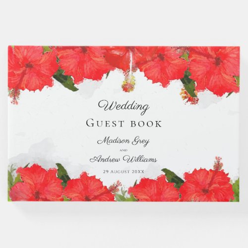 Exotic Red Hibiscus Flower Art Wedding Guest Book