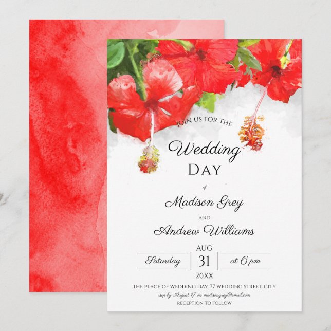 Exotic Red Hibiscus Flower Art Wedding Invitation (Front/Back)