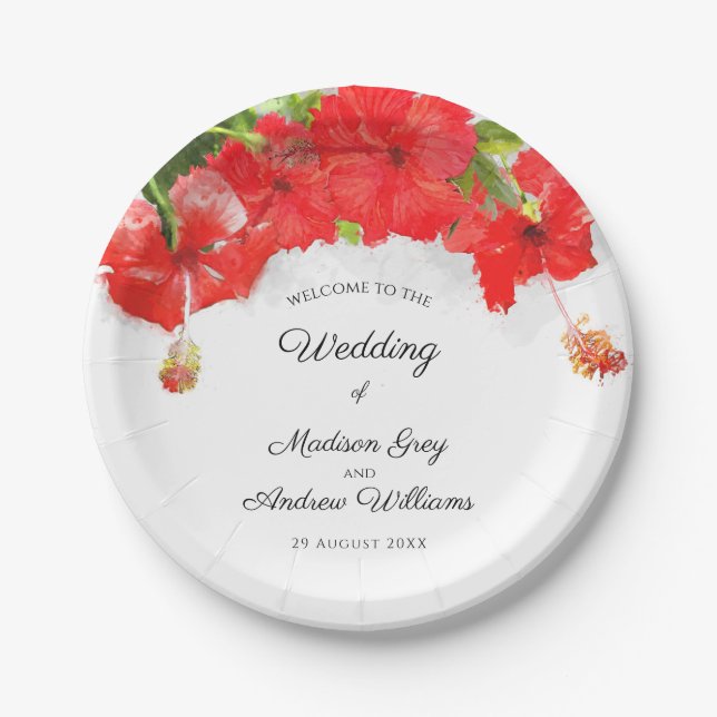 Exotic Red Hibiscus Flower Art Wedding Paper Plates (Front)