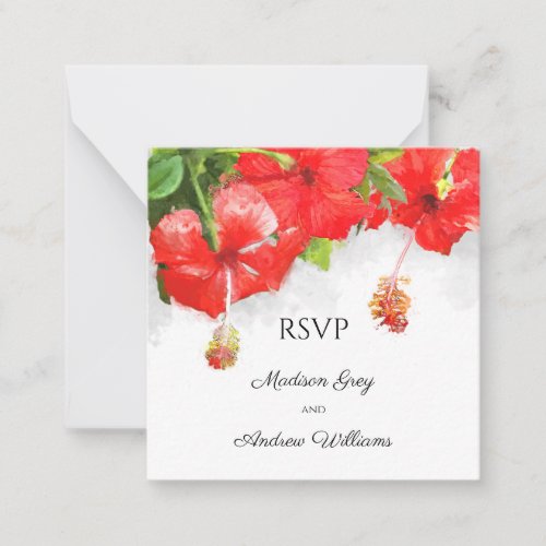 Exotic Red Hibiscus Flower Art Wedding RSVP Note Card