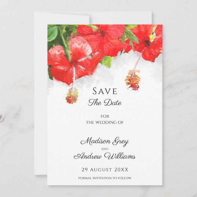 Exotic Red Hibiscus Flower Art Wedding Save The Date (Front)