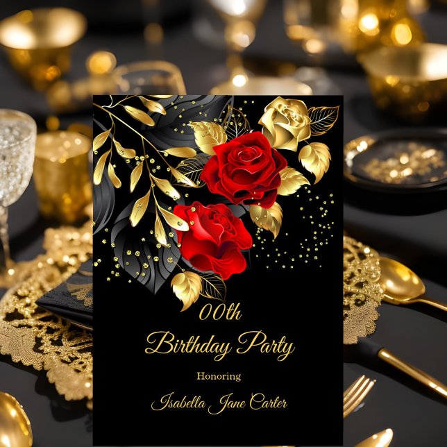 Exotic Red Rose Black Floral Gold Birthday Party Invitation (Creator Uploaded)