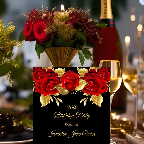 Exotic Red Rose Black Floral Golden Birthday Party Invitation