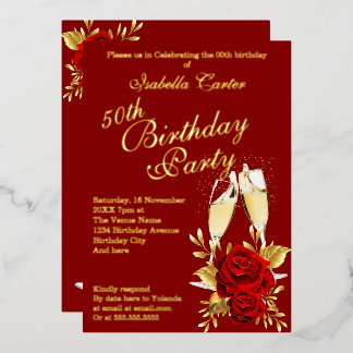 Exotic Red Rose Gold Floral Birthday Party Foil Invitation
