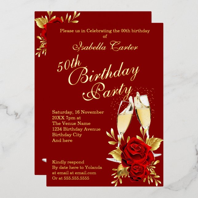 Exotic Red Rose Gold Floral Birthday Party  Foil Invitation (Front/Back)