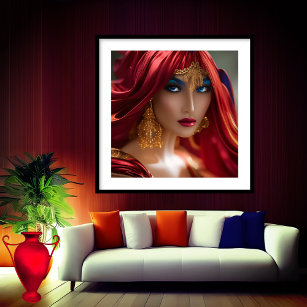 Exotic redhead woman flow red Blue Gold Abstract  Poster