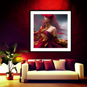 Exotic redhead woman flowing red Gold Abstract  Poster
