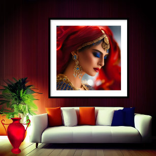 Exotic redhead woman red Blue Gold Abstract  Poster