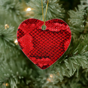 Exotic snake skin print texture pattern red heart ceramic ornament