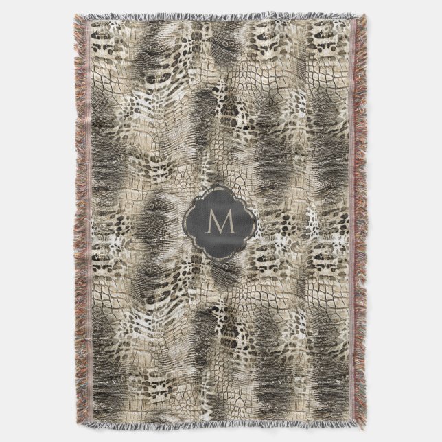 Exotic Snakeskin Wild Animal Print with Monogram Throw Blanket (Front Vertical)