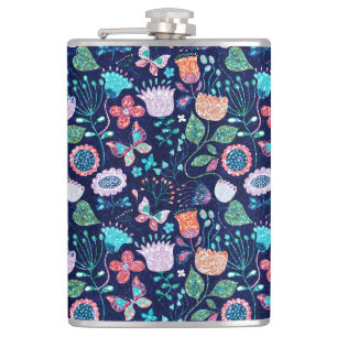 Exotic sparkling flowers and butterflies pattern flask