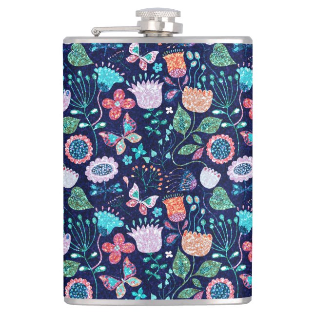 Exotic sparkling flowers and butterflies pattern flask (Front)
