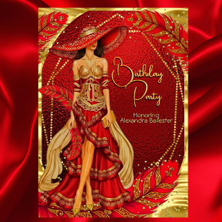 Exotic Stunning Red Gold Dress Feather Birthday Invitation