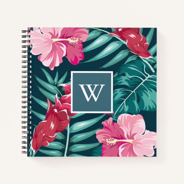Exotic Summer Floral design Monogram Notebook (Front)