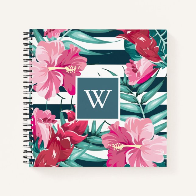 Exotic Summer Floral design Monogram striped Notebook (Front)