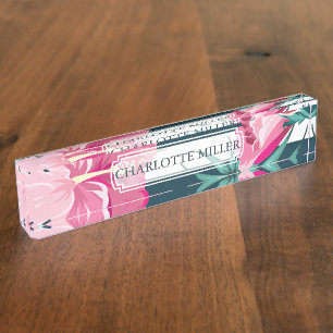 Exotic Summer Floral Monogram striped Desk Name Plate